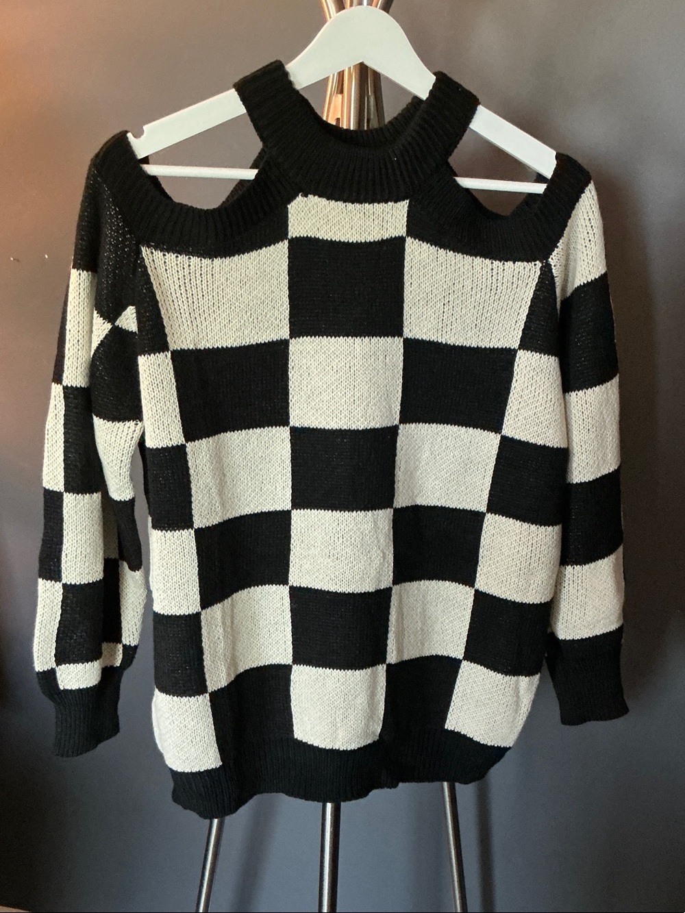 Black and White Check Cold-Shoulder Sweater